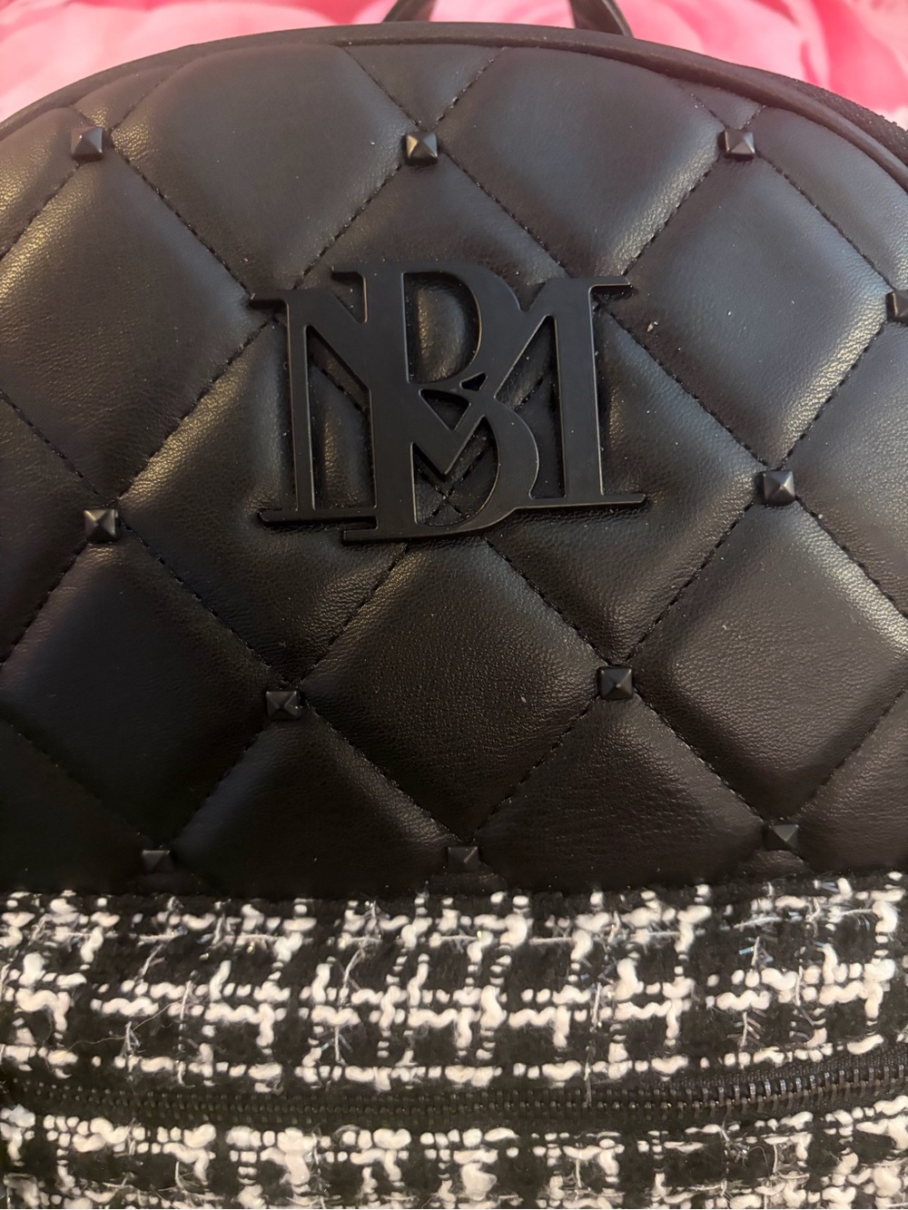 Badgley Mischka Black Quilted Backpack with Black-and-White Tweed Pocket - Picture 4 of 7